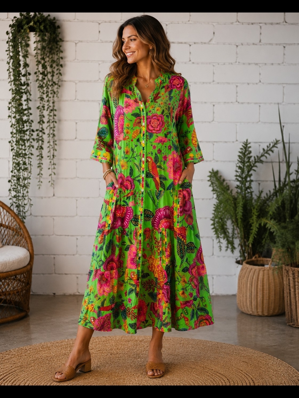 BEBOHO TROPICAL FLORAL VIBRANT MAXI DRESS GREEN PINK YELLOW DROP WAIST WOMENS M